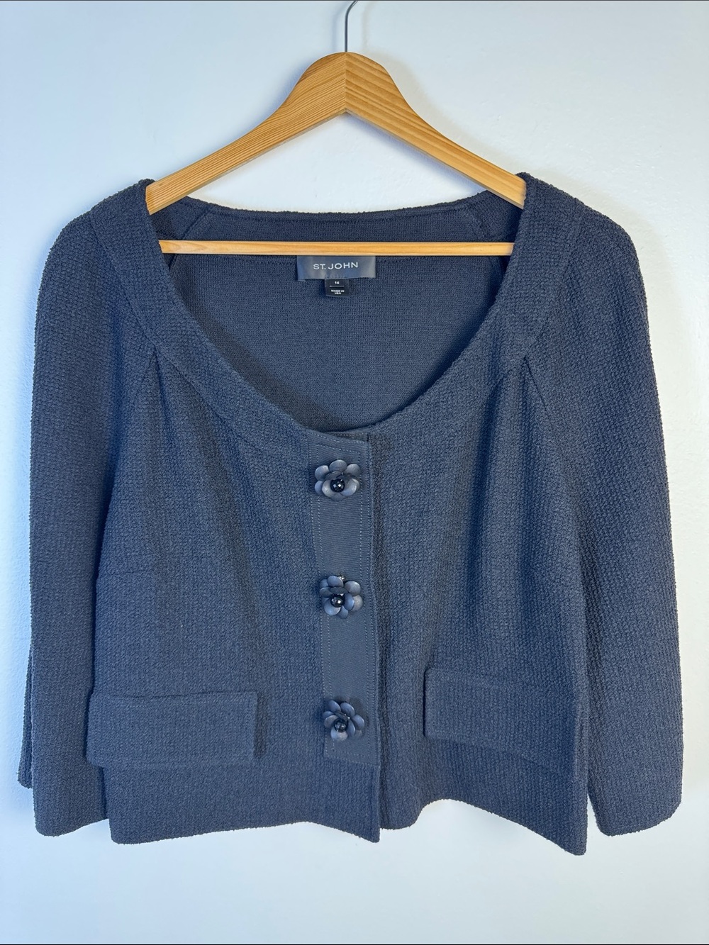St. John Navy Bouclé Flower-Button Cardigan Jacket
